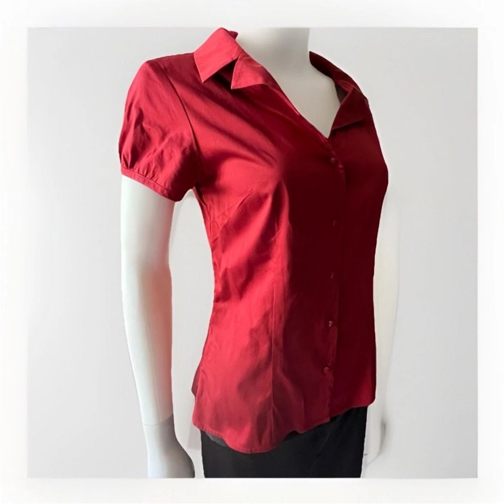 Ann Taylor Red Satin Cotton Short Sleeve Button Down Shirt US Size 6